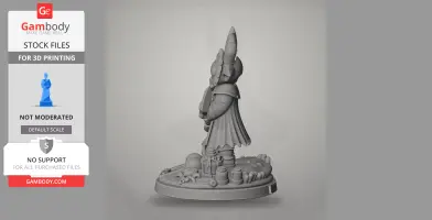 3D model of a robed character with a tall hat, standing on a detailed base with various objects.