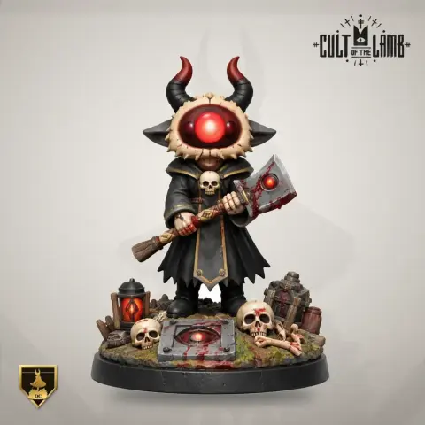 A horned character with a glowing red face holds an axe, standing on a base with skulls and ritual items.