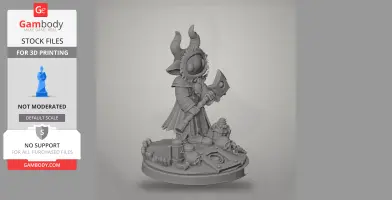 A horned character in a robe holding an axe, standing on a skull-adorned base.