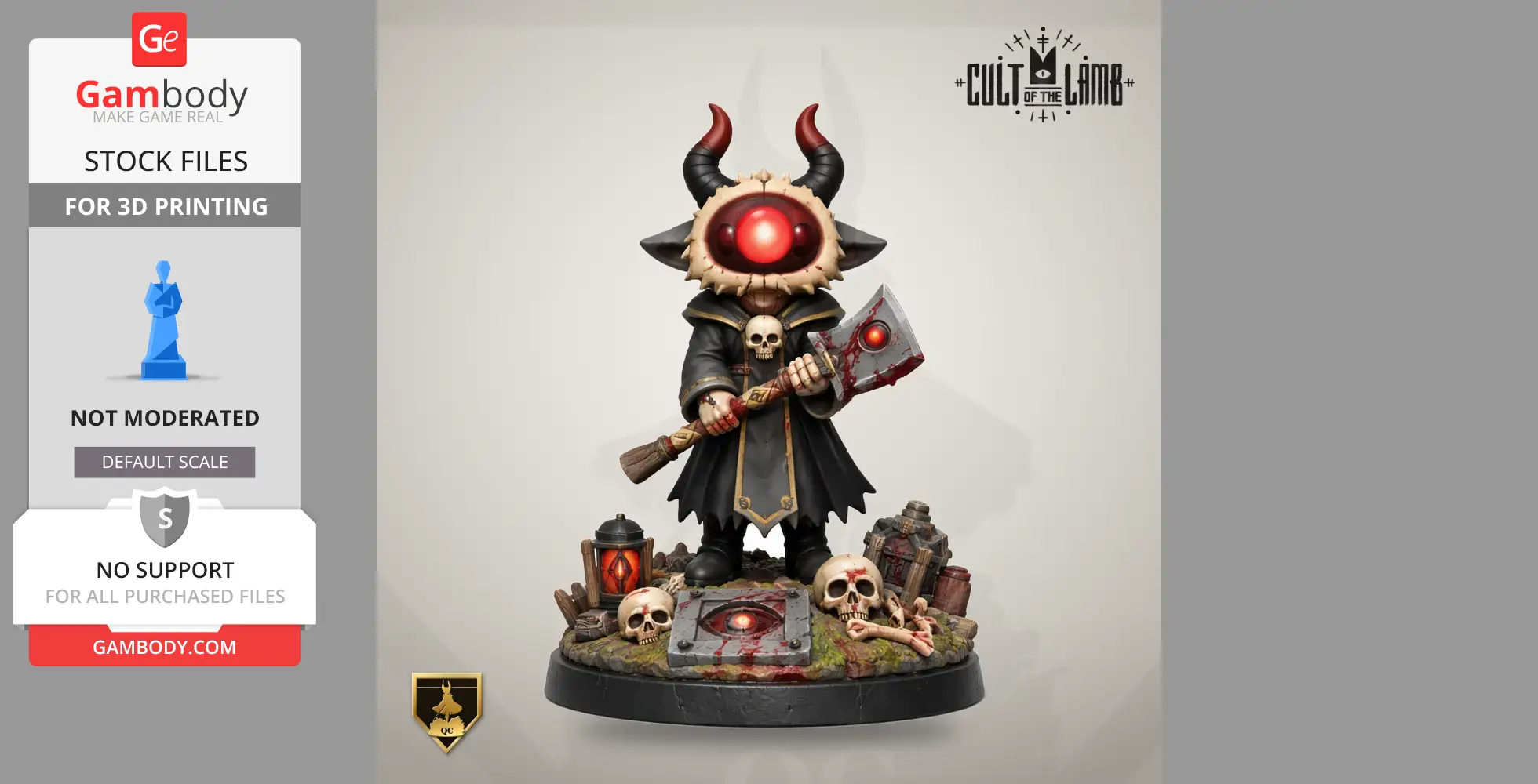 Character figure with red eyes, horns, and an axe, standing on a base with skulls and lantern.