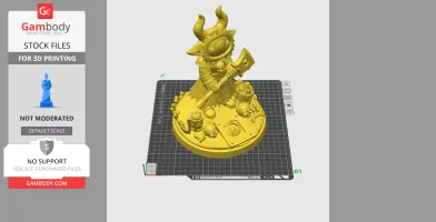 Horned character with axe on detailed base with skulls, for 3D printing.