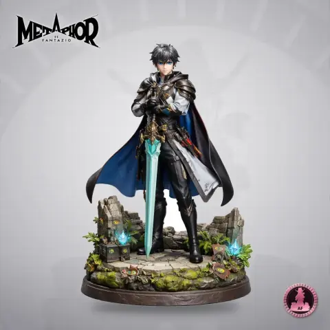 A detailed character figure with a sword stands on a mystical stone base with glowing elements.