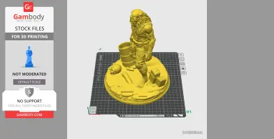 A detailed figure of a creature with muscular features stands on a base with debris and a barrel.