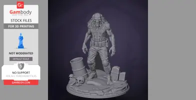 Grotesque humanoid creature figure with tentacles, gear, gas mask, barrel, and debris on a display base.