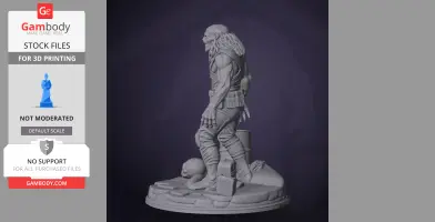 Detailed creature 3D model with muscular build, tactical gear, and flowing hair on a base with scattered objects.