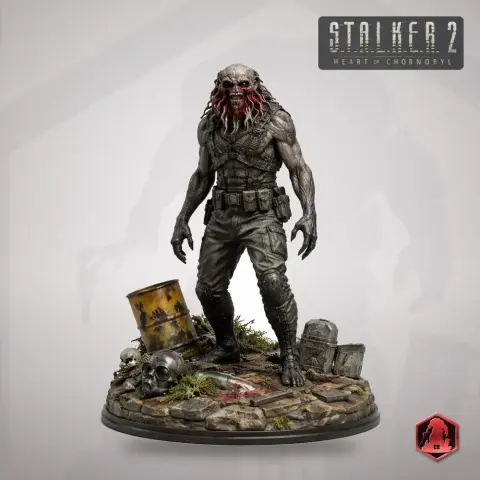 Monstrous creature figure with tendrils, standing on rocky terrain with barrels and skulls.