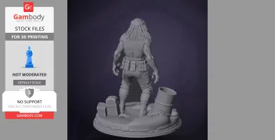 A creature with a muscular build, standing on a detailed base with barrels and skulls, viewed from the back.