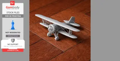 Gray 3D-printed Curtiss biplane model on a wooden surface.