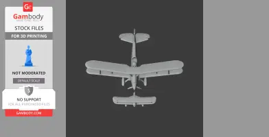 3D model of a vintage biplane viewed from above, designed for 3D printing.