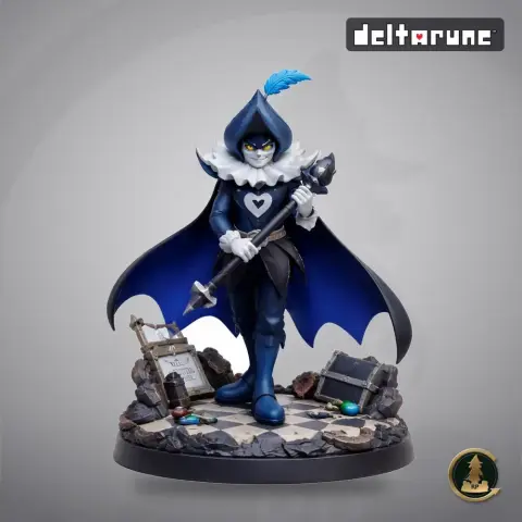 A figure of Rouxls Kaard from Deltarune, in a dramatic pose with a scepter, standing on a rocky base.