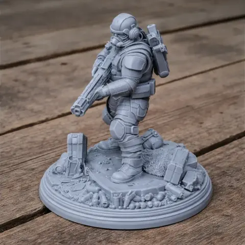 Armored soldier figure with a rifle on a detailed base, ready for 3D printing.
