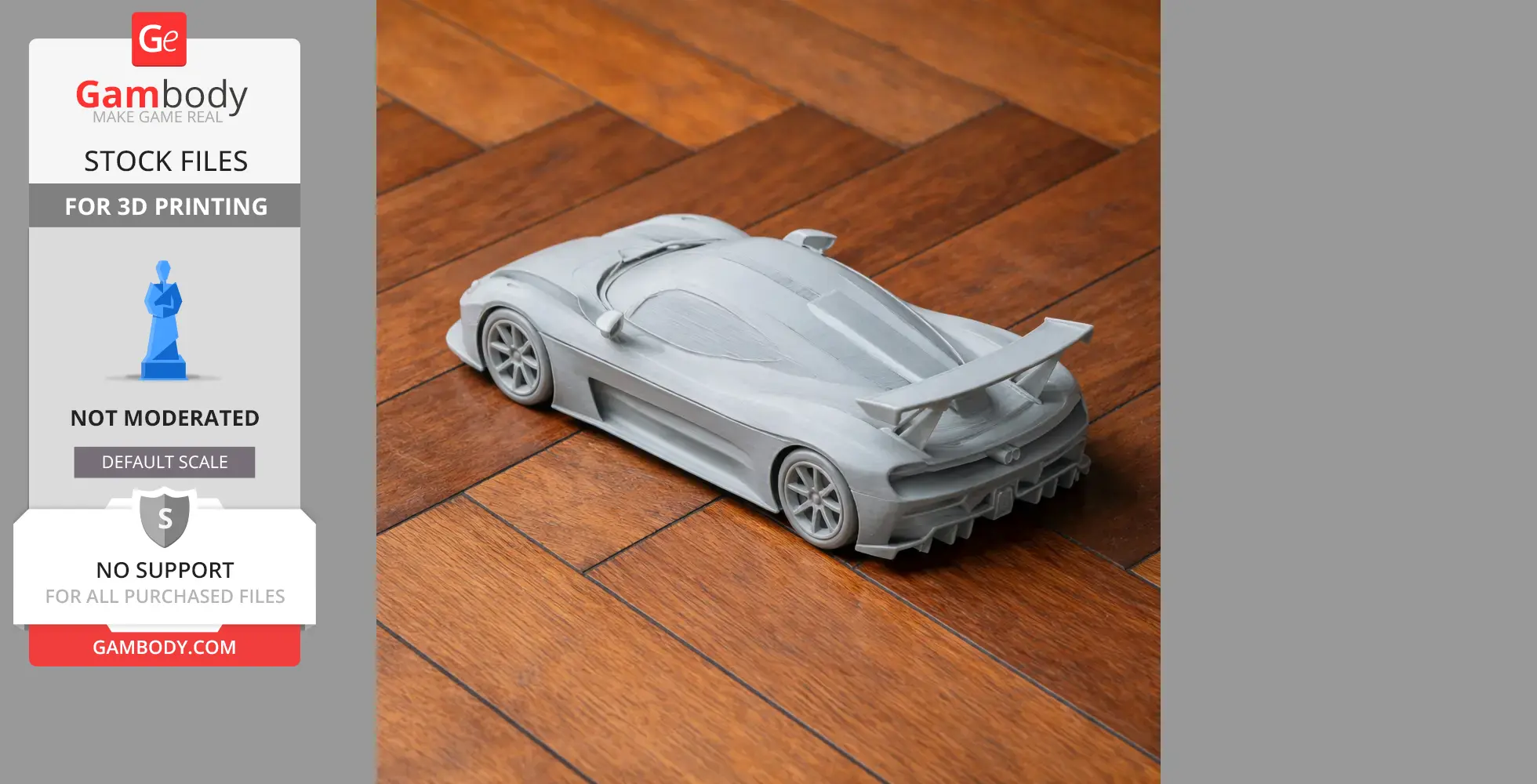 3D printed model of Dallara Stradale on wooden floor, detailed design for scale vehicle enthusiasts.