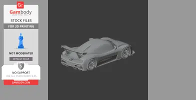 3D model of a sleek sports car with aerodynamic design, including a rear wing, showcased on a gray background.