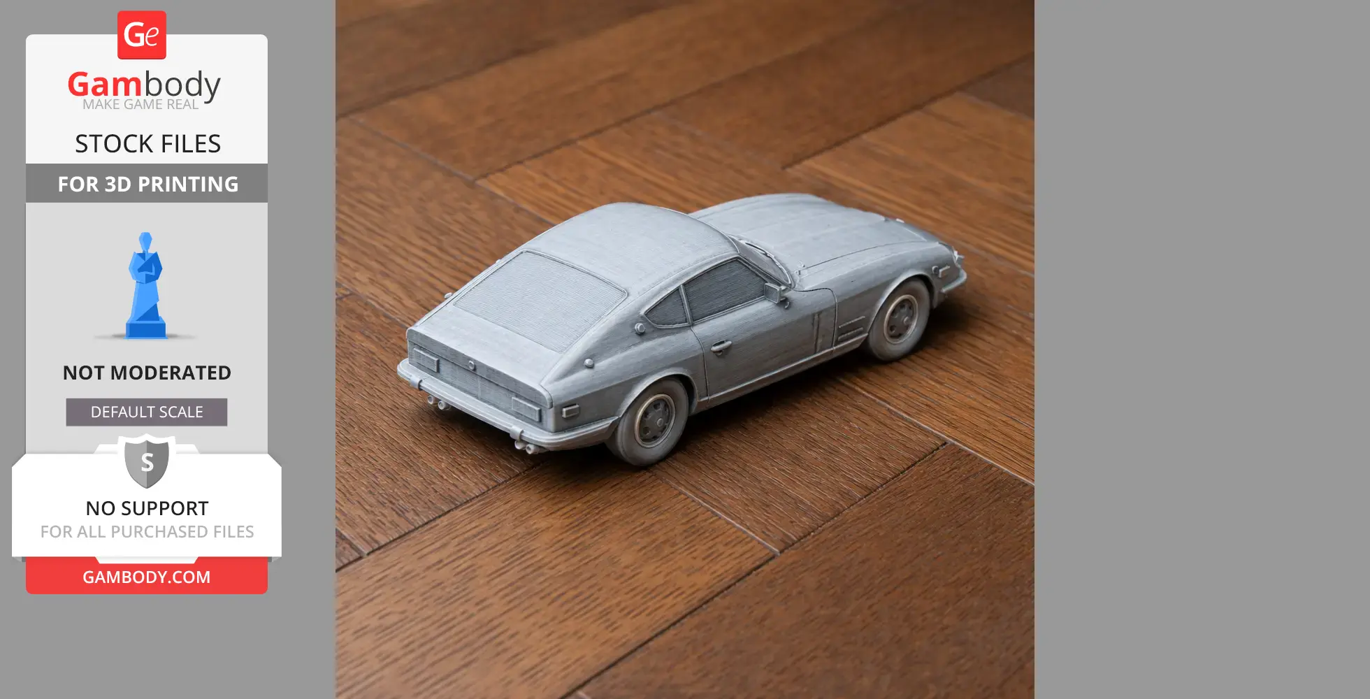 3D-printed model of a Datsun Sports car in gray on a wooden surface.