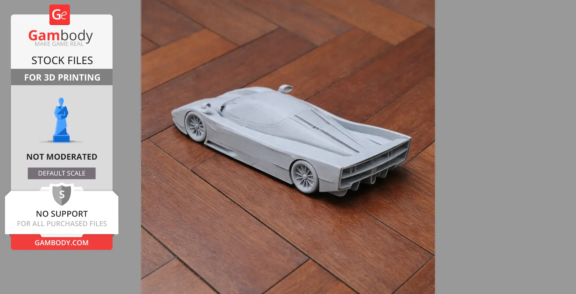 3D-printed model of a Dauer 962 Le Mans car on a wooden floor, viewed from the rear side.