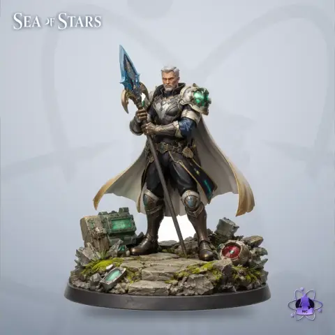 Armored character with a cape and spear, standing on a detailed rocky base with glowing elements.