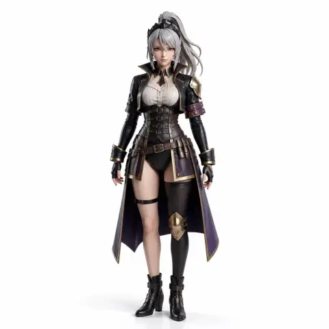 A detailed 3D model of a fantasy character with long hair, wearing a military-style coat and armor.