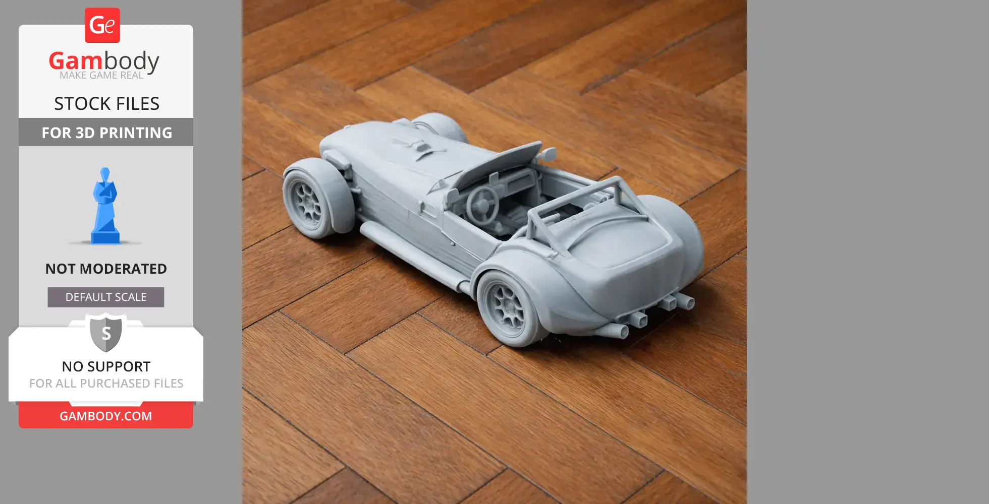3D printed model of a DAX Rush car on wooden surface, showcasing detailed wheels and interior.