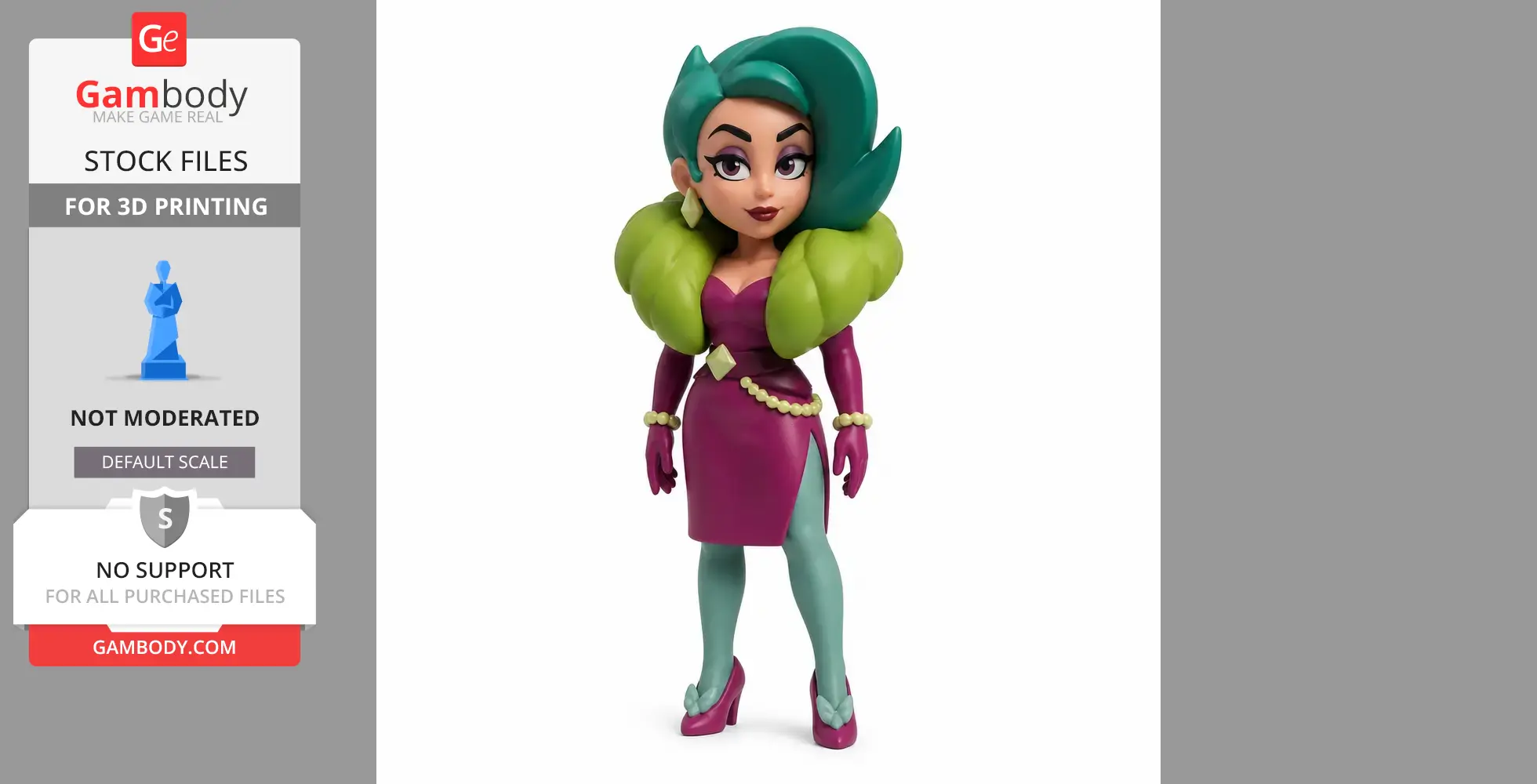 Stylized figurine of a female character with teal hair, green fur, and a purple dress.