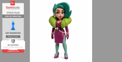Stylized figurine of a female character with teal hair, green fur, and a purple dress.