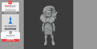 3D model of a stylized female character with large hair and jewelry, designed for 3D printing.