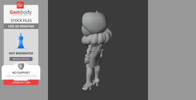 A stylized 3D figurine of a character with large hair and a dress, standing on high heels.