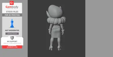 3D model of a stylized character with large hair, wearing a dress and accessories, seen from behind.