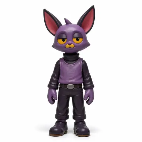 Purple anthropomorphic character figurine with large ears, wearing a dark outfit and boots.