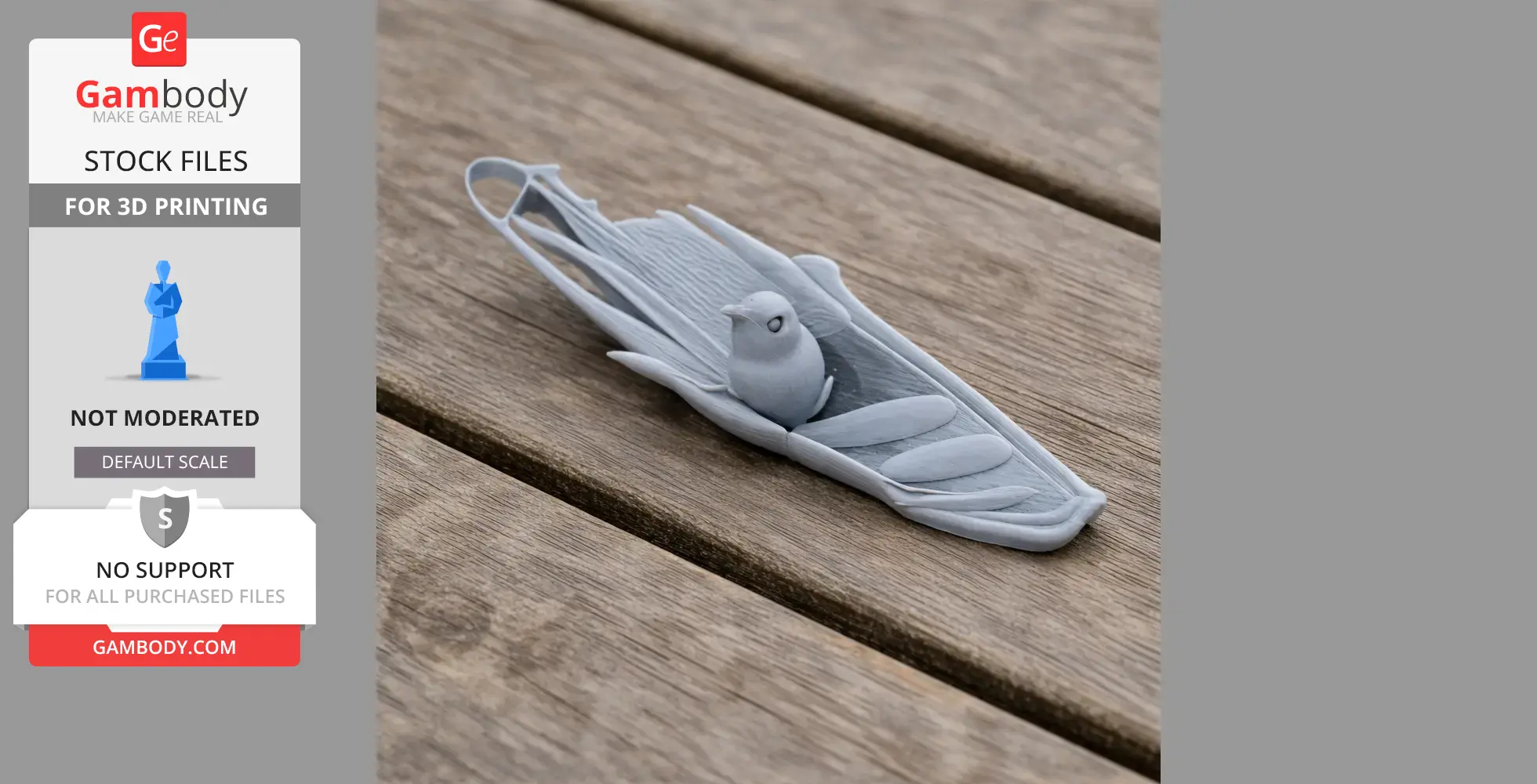 3D-printed prehistoric bird model nestled in a stylized leaf structure on wooden surface.