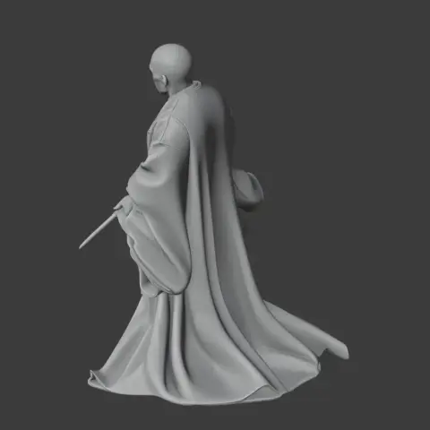 A robed figure holding a wand, depicted in a flowing cloak, facing right.