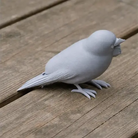 3D printed model of a bird perched on a wooden surface.