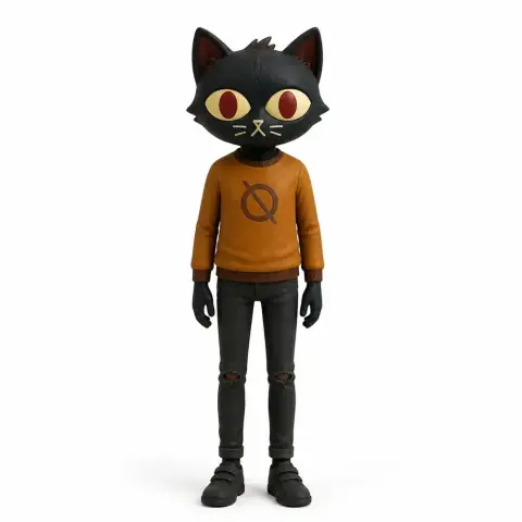 Anthropomorphic cat figure with large eyes, wearing an orange sweater and black pants.