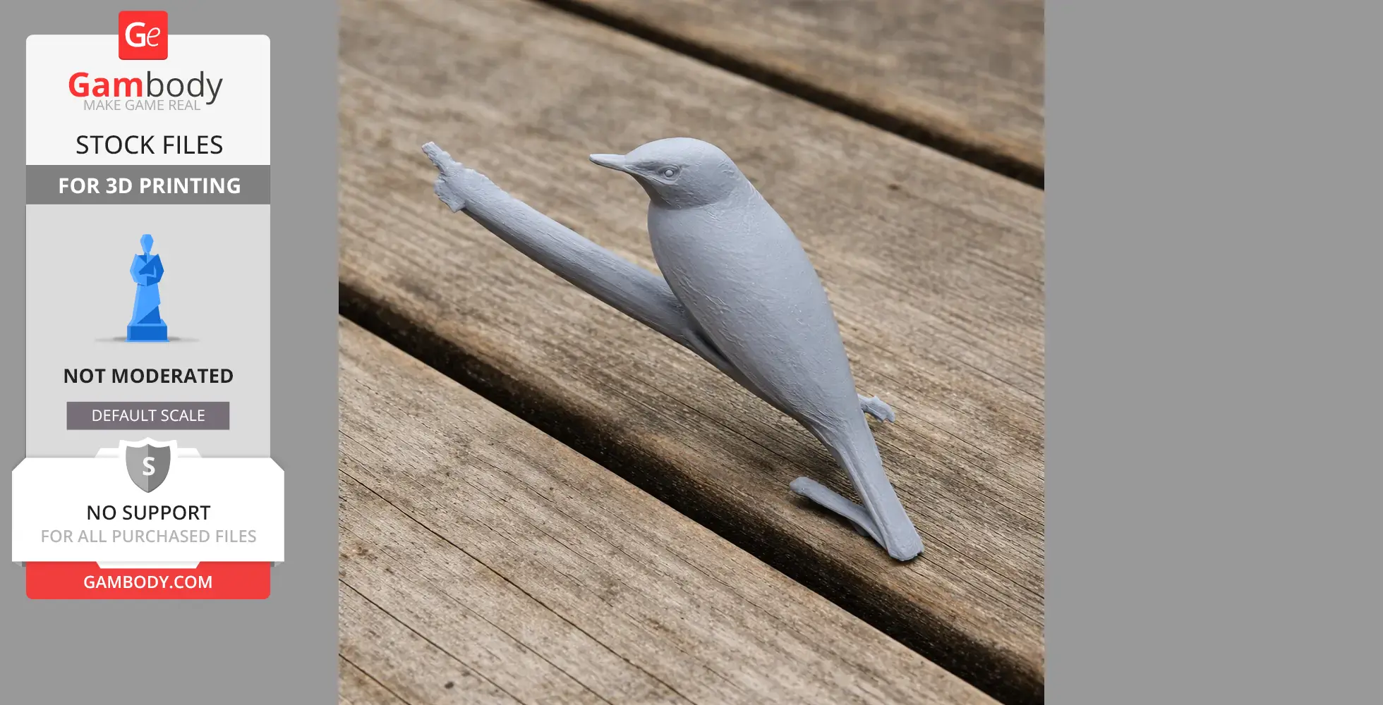 3D printed model of a bird perched on a branch, showing detailed texture on a wooden surface.