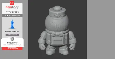 Cartoonish 3D figure with a round head, bow tie, and round cap, designed for 3D printing.