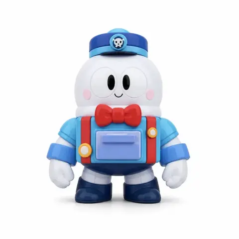 Cartoonish figurine with round body, blue outfit, red bowtie, and cap; styled character from a game.
