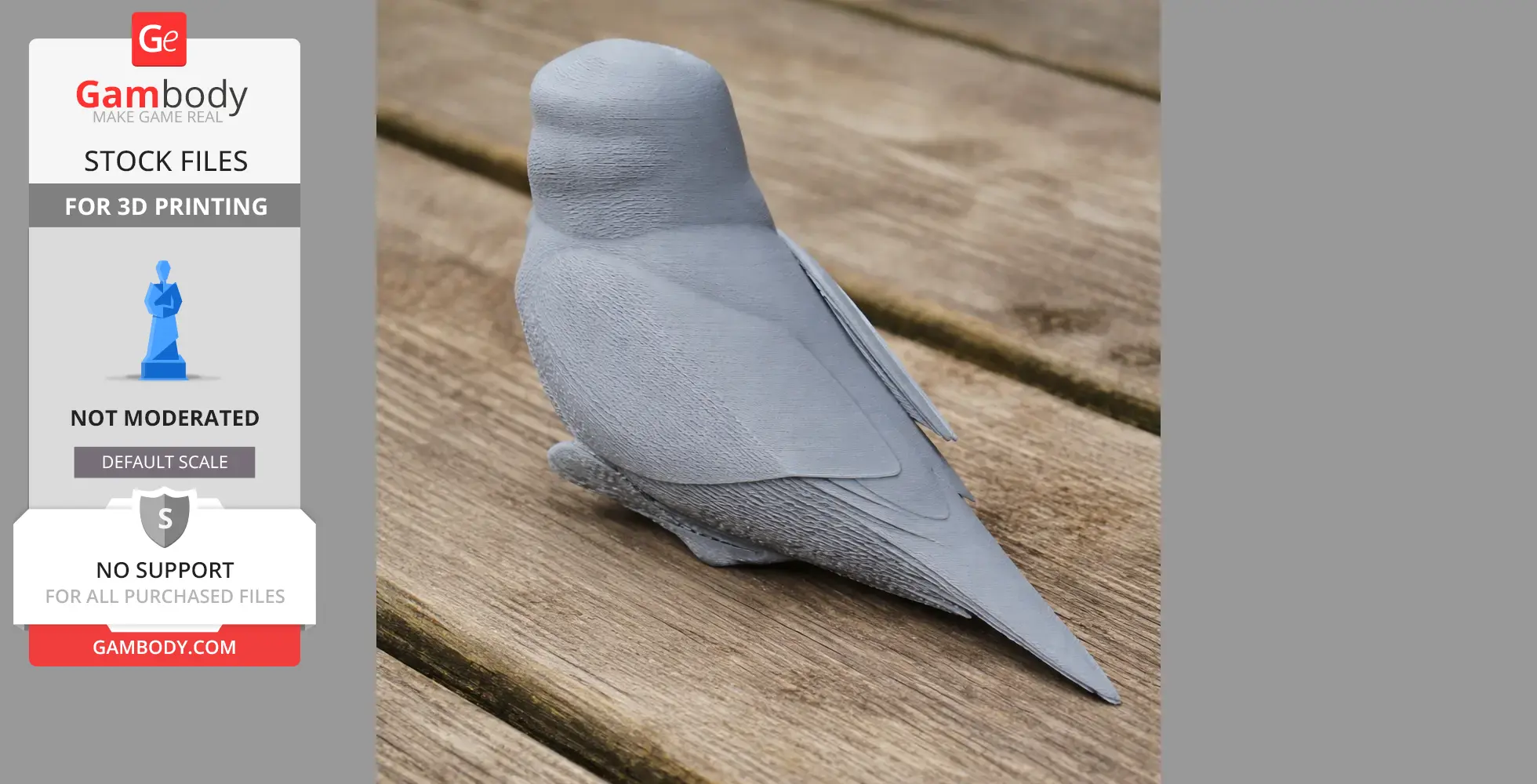 Gray 3D-printed model of a prehistoric band-bellied owl, viewed from above on a wooden surface.