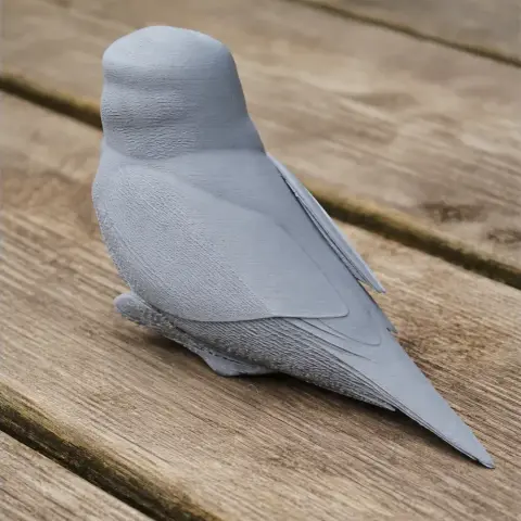 Gray 3D model of an owl, sitting with detailed feathers, on a wooden surface.