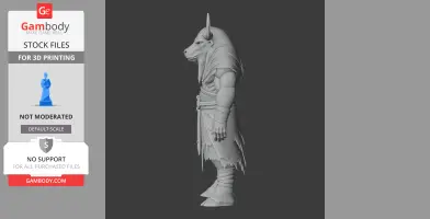 Minotaur-like figurine with a horned head, muscular build, and draped clothing, side view.