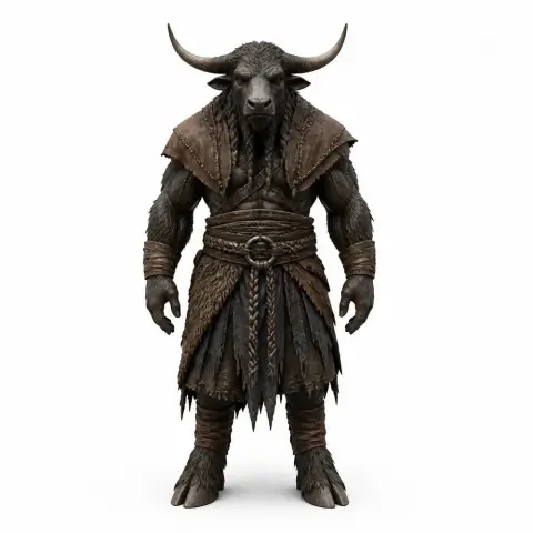 A horned creature resembling a humanoid ox, in detailed armor, standing upright for 3D printing.