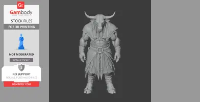 A detailed 3D model of a horned, anthropomorphic creature in tribal attire, designed for 3D printing.