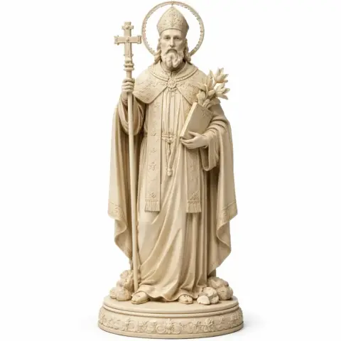 A 3D printed statue of a saint holding a cross and book, wearing a robe and halo, standing on a decorative base.