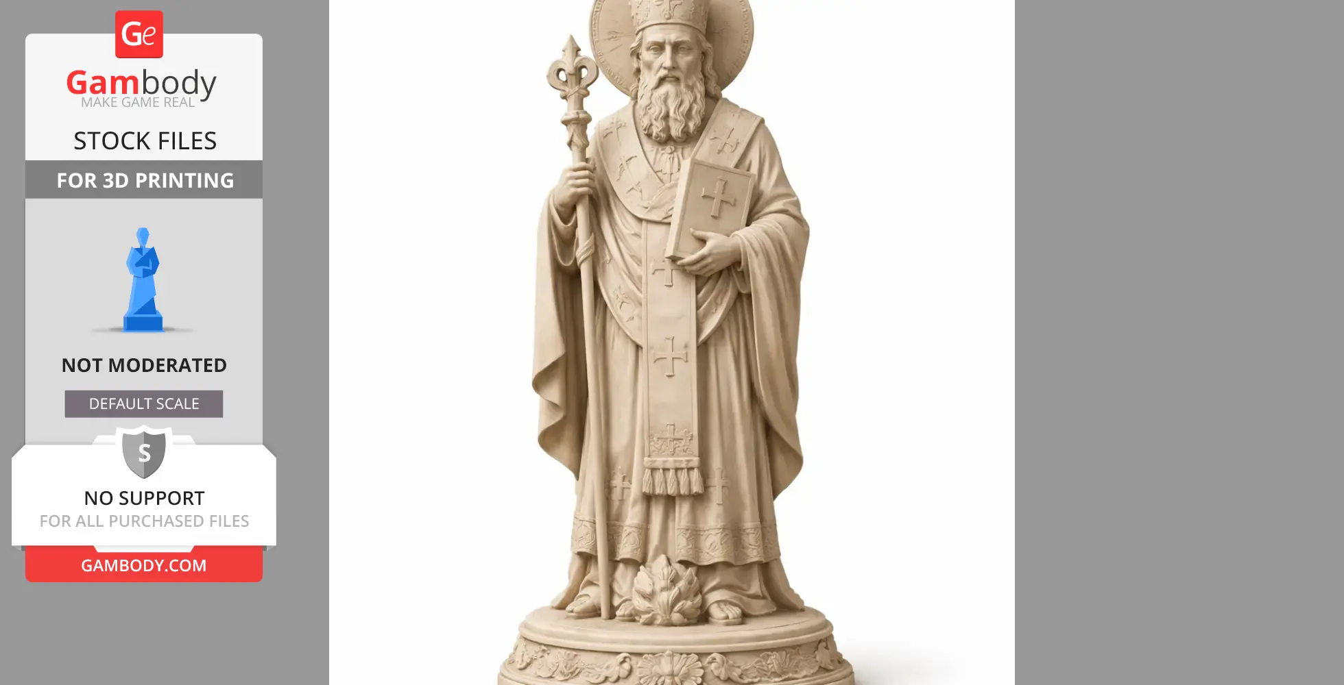 A detailed statue of a bearded saint holding a staff and book, with cross motifs on garments.