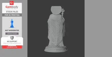 A 3D model of a draped figure on a decorative base, holding a staff, with a missing head.