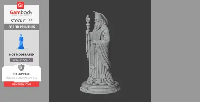 A detailed 3D statue of a bearded man in robes holding a staff and book, on a decorative base.