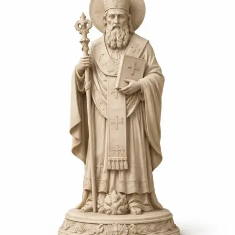 Statue of a bearded bishop with staff, wearing ornate robes, for 3D printing.