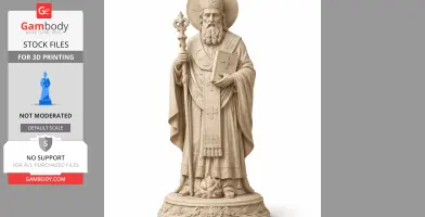 A detailed statue of a bearded saint holding a staff and book, with cross motifs on garments.