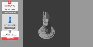 Intricate statue of a robed figure holding a staff, standing on a detailed round base.