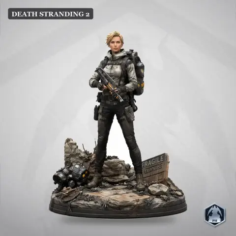 Female character in tactical gear holding a gun, standing on a rocky base labeled 'Fragile Express.'