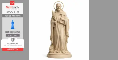 Statue of Saint Antoine Daniel holding a palm branch and cross, standing on ornate base, haloed.