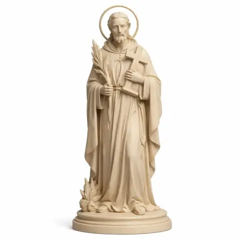 Devotional statue of a saint holding a book and palm, with a halo, on a circular base.